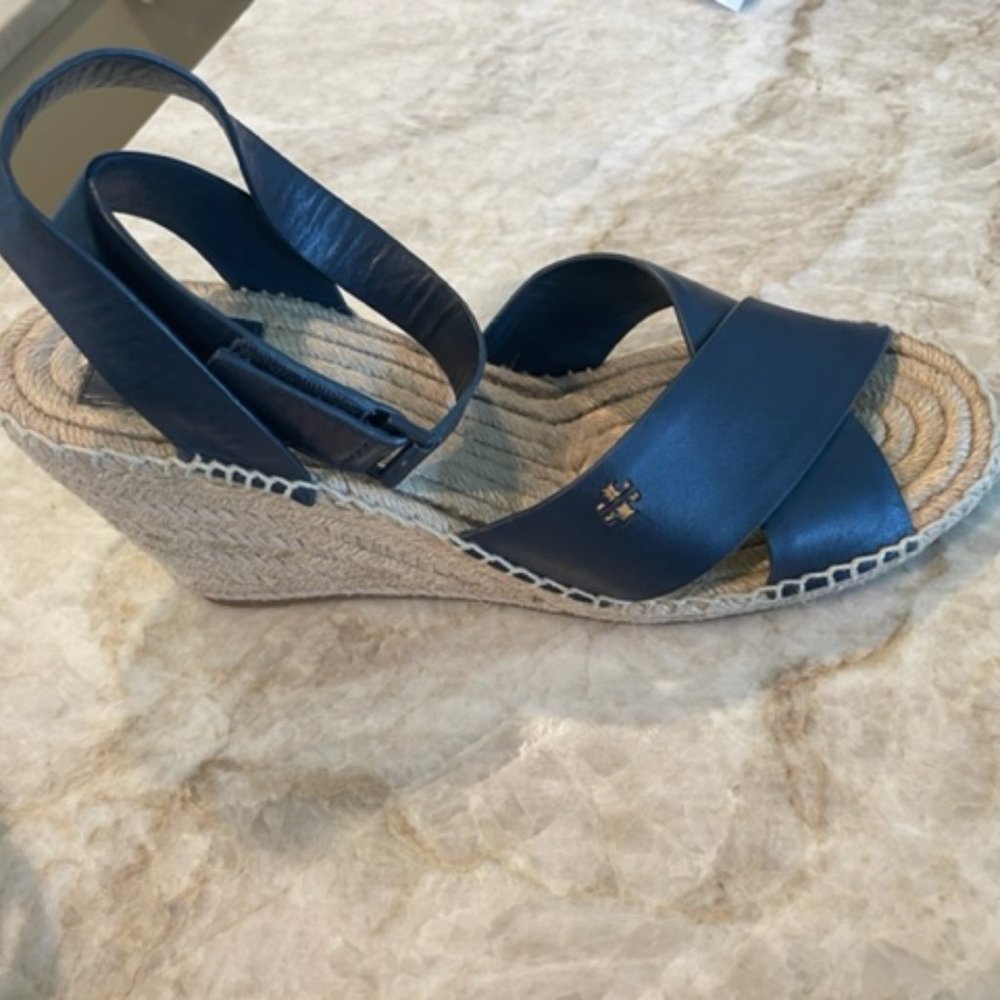 TORY BURCH NAVY BLUE LEATHER ANKLE STRAP ESPADRILLE WEDGE SANDALS SHOES